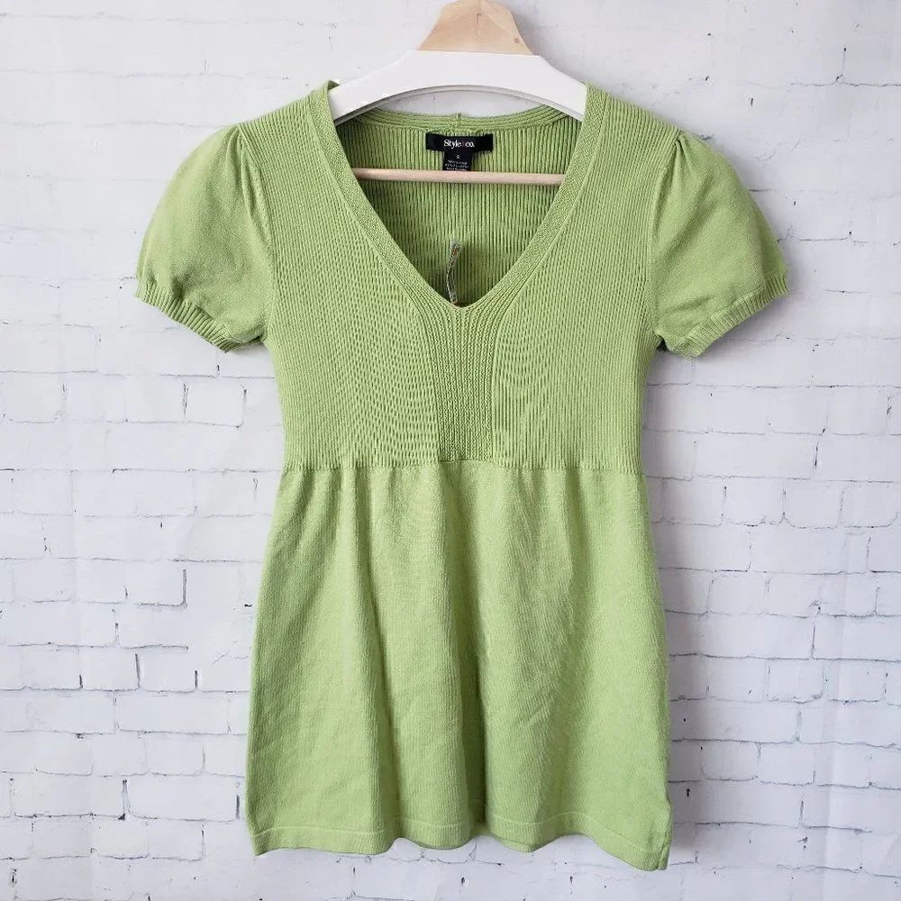 Style&Co Y2K Babydoll Sweater Top V-Neck Size S Green Ribbed Knit Twilight New